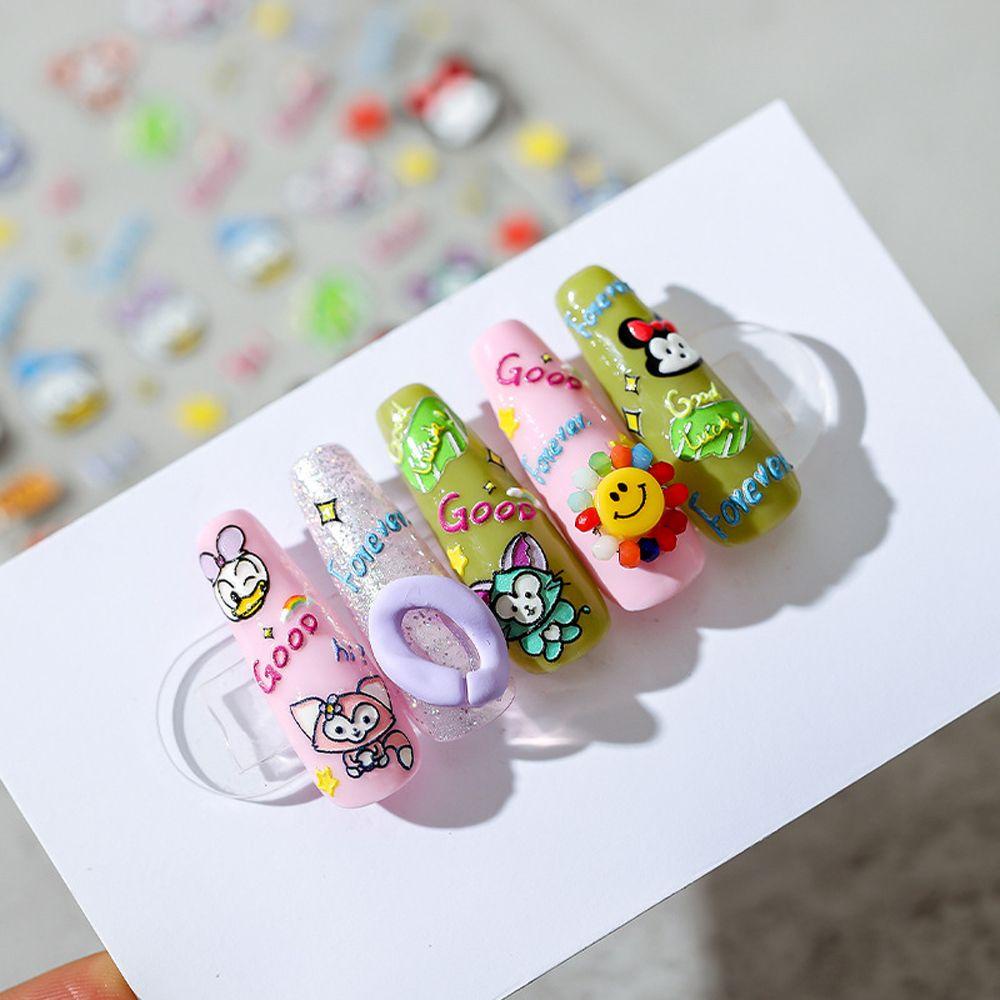 Mxbeauty Kartun Stiker Kuku Wanita Relief Mickey Salju Putih Bunga Perekat Diri Nail Art Dekorasi