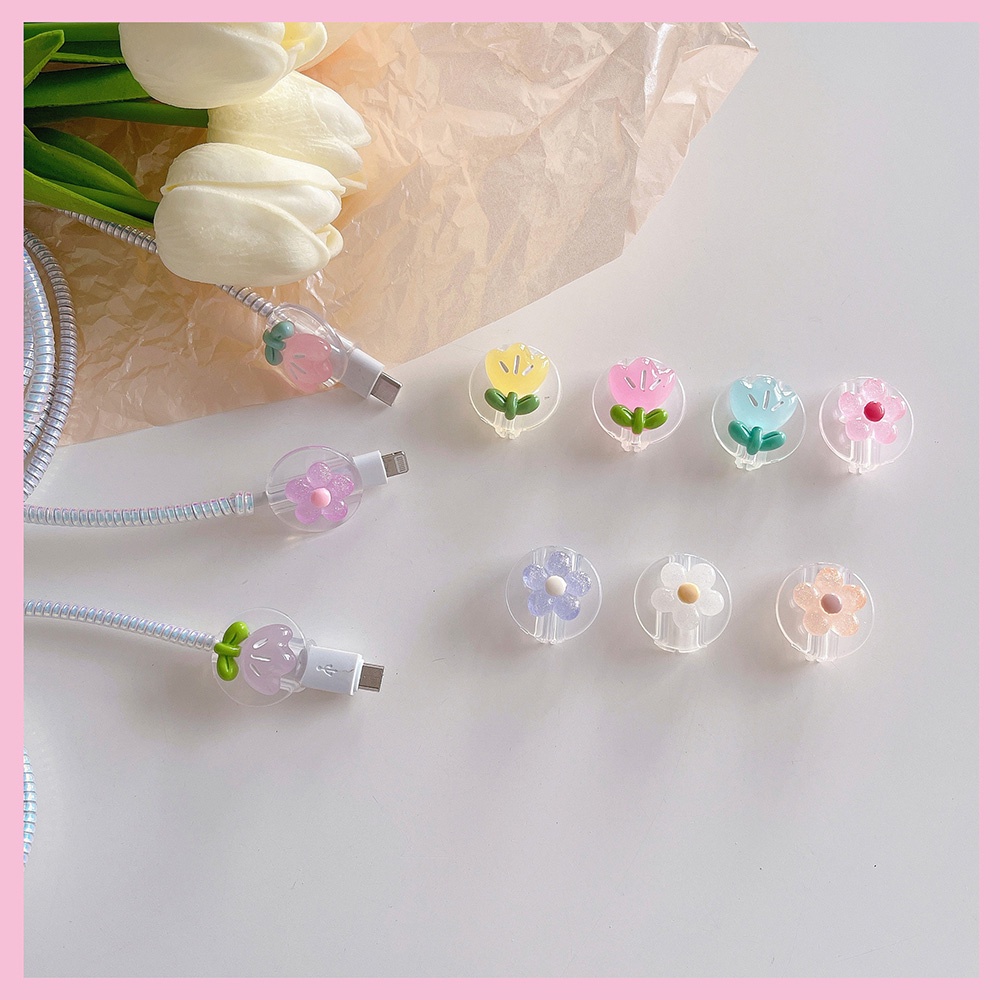 【COD Tangding】Set Kabel Data / Charger Transparan Motif Kartun Tulip Untuk Apple Huawei OPPO Vivo