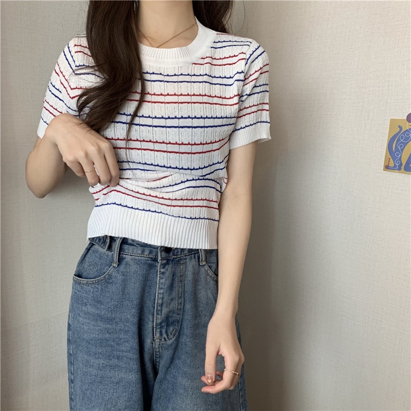 Kaos Rajut Lengan Pendek Wanita Knit T-shirt Baju Atasan Putih Korean Style