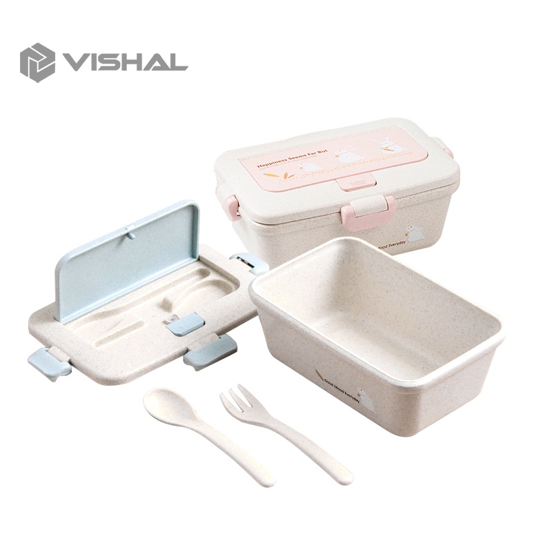 VISHAL Lunch Box Set Kotak Bekal Makan Jerami Gandum Kotak Makan Anti Tumpah Free Sendok