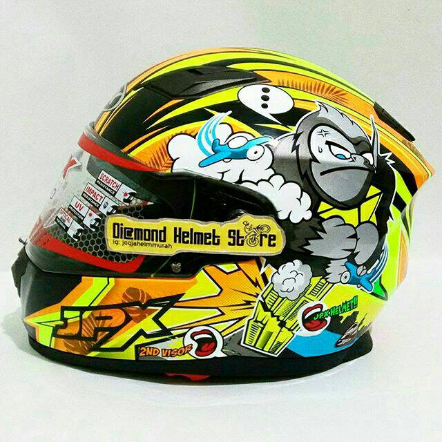 Helm JPX Storm X 818 motif KingKong Yellow Fluo Flat Visor Double Visor
