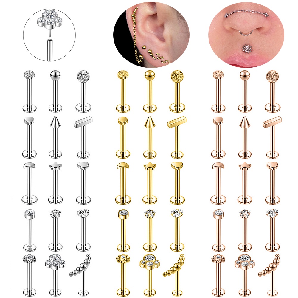 4-15pcs Anting Tindik Bibir / Tulang Rawan Telinga Bahan Stainless Steel Hias Kristal 3 Warna Ukuran 6 / 8mm