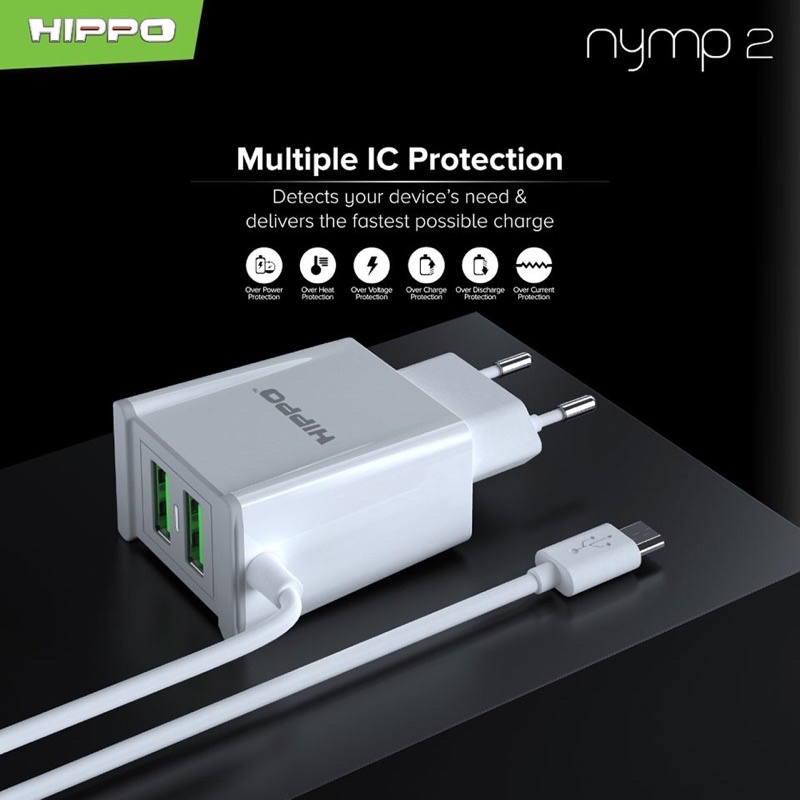 HIPPO ADAPTER CHARGER NYMP2 SMART DETECT CHARGING 2.4A DUAL USB PORT ADAPTOR CABLE MICRO LED INDICATOR