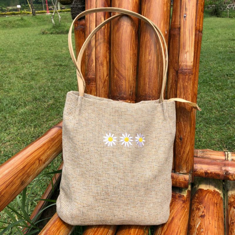 Totebag Daisy Bordir / Tas Wanita Mini Tote bag Kanvas tali kulit sintetis Shoulder bag wanita Tas b