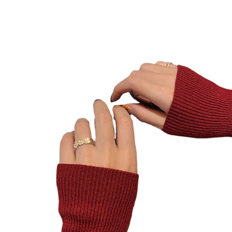 Cincin Model Terbuka Bentuk Bunga Aksen Zircon Gaya Korea
