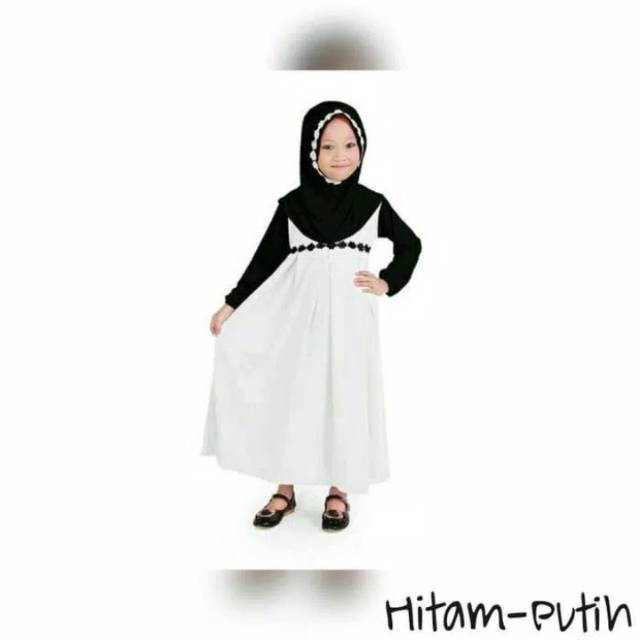Baju muslim gamis anak perempuan simple dan cantik putih-hitam
