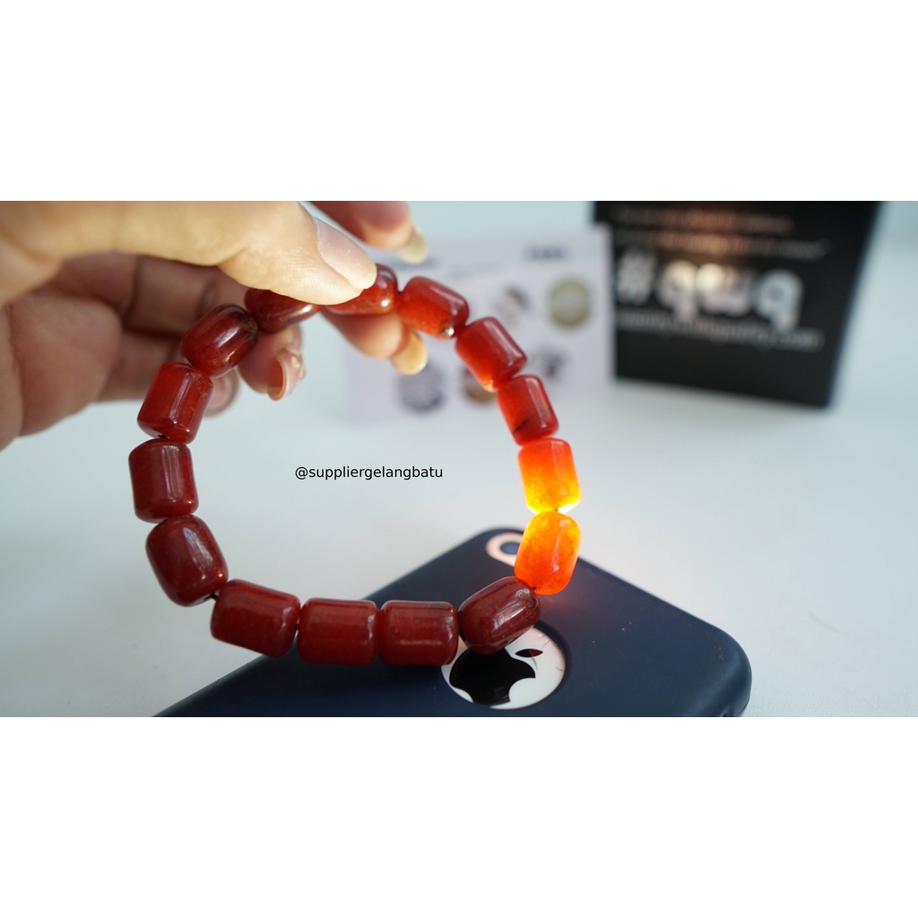 gelang etnik tabung carnelian merah oren akik tembus serat original