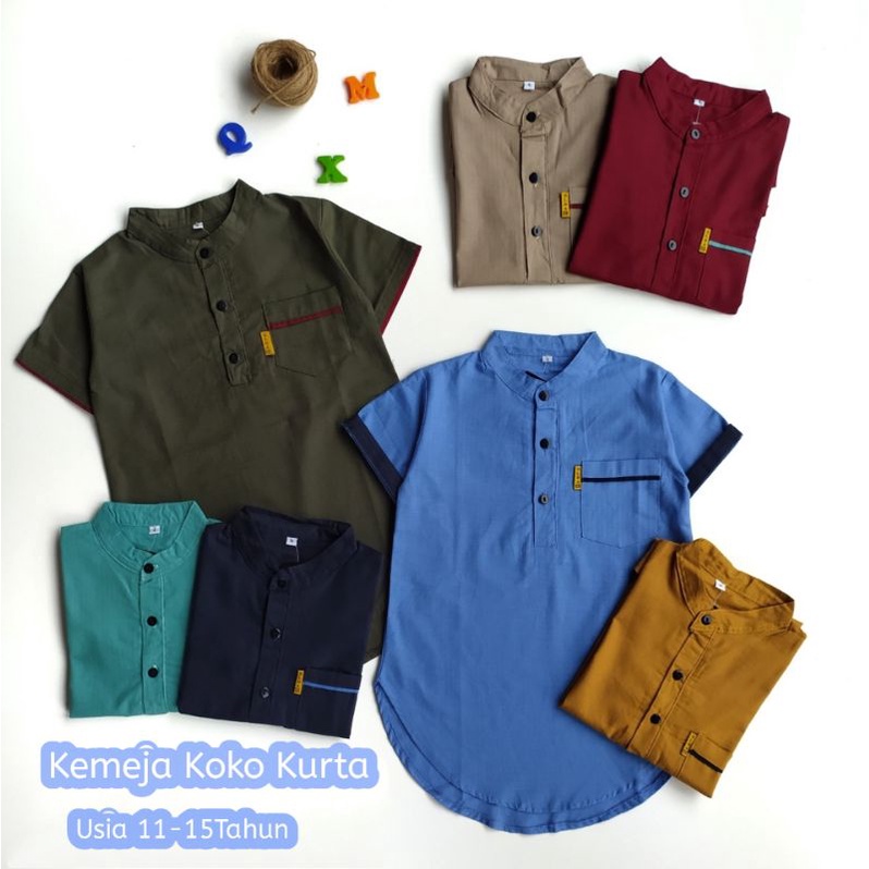 Pakaian Baju Muslim Atasan Kemeja Koko Kurta Anak Laki Cowok 11 12 13 14 15 Tahun Katun Sigaret Warna Seger