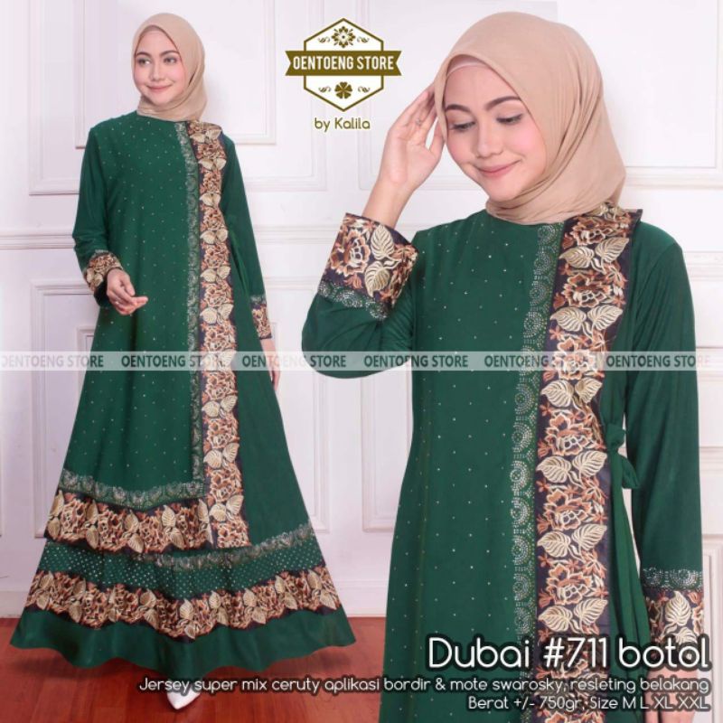 DUBAI 711 BY OENTOENG STORE / GAMIS ABAYA BAHAN JERSEY MIX CERUTY WARNA HIJAU BOTOL