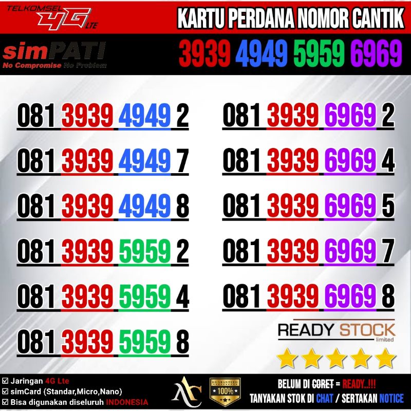 PERDANA NOMOR CANTIK SIMPATI 3939 4949 5959 6969 TELKOMSEL ABAB CDCD 9999