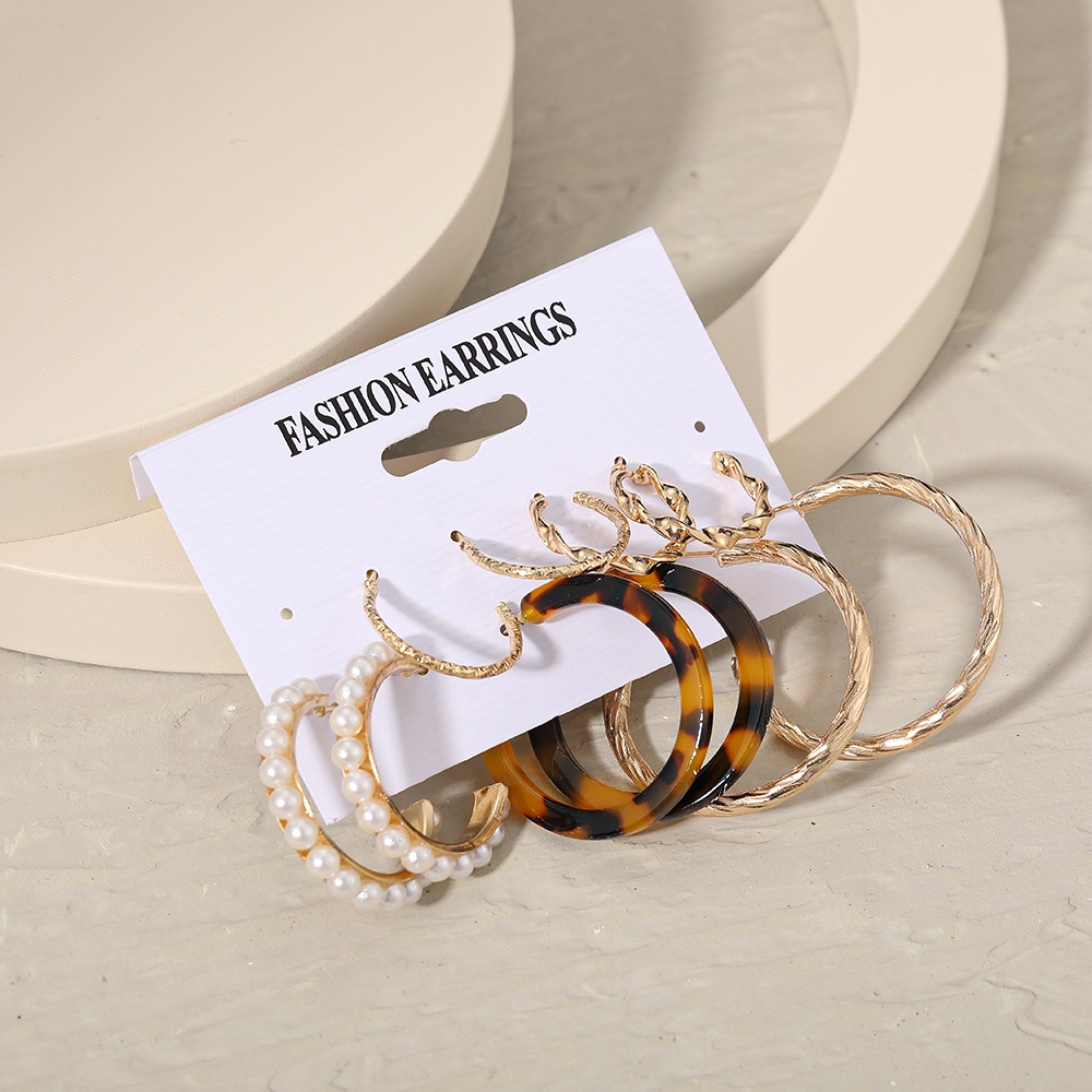 AY(CN) Korean Pearl Resin Stud Earring Set Retro Leopard Hoop Earrings Gold Earrings Women Jewelry Accessories