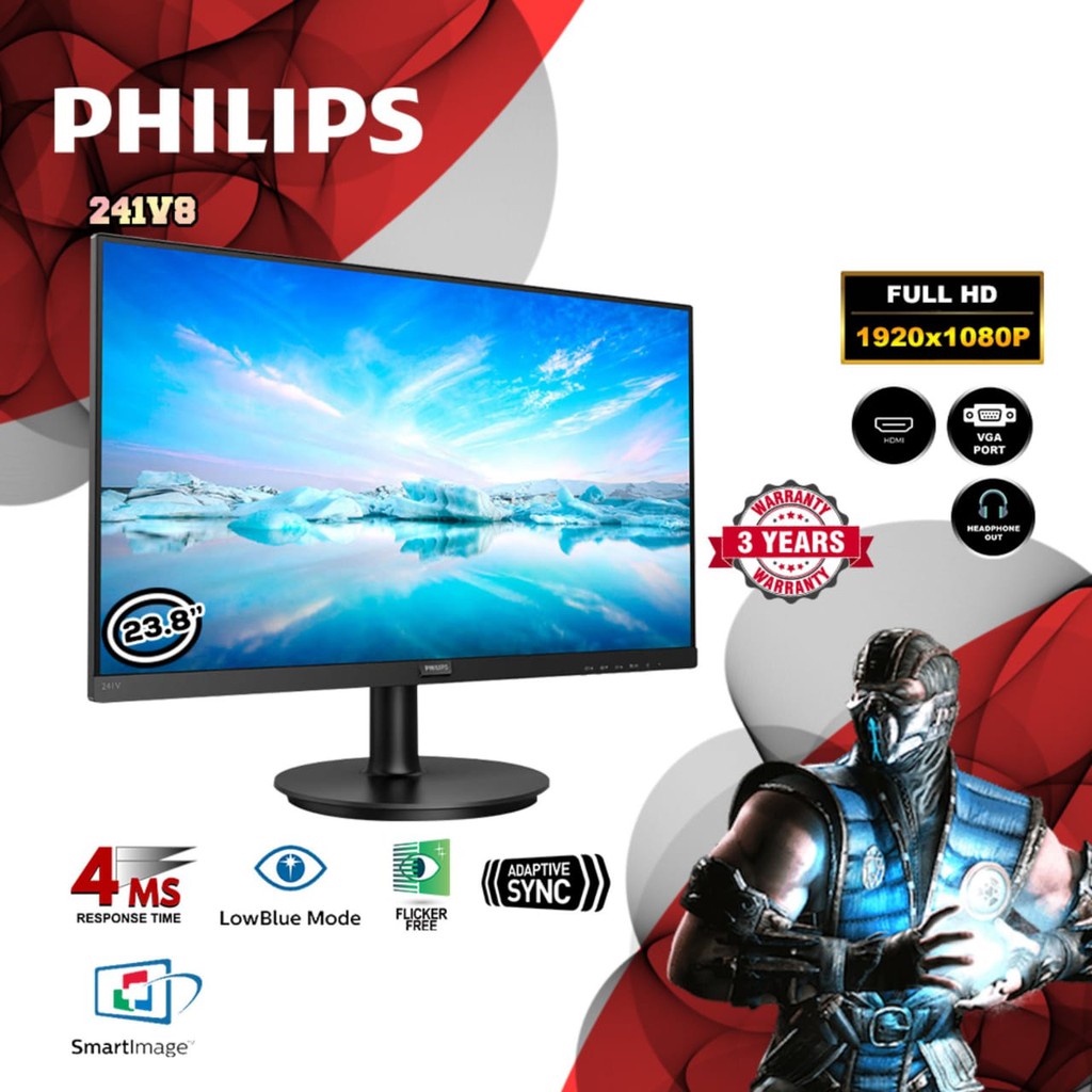 LED Monitor 24 Inch PHILIPS 241V8 - IPS | 75Hz Full HD VGA HDMI Garansi Resmi PHILIPS