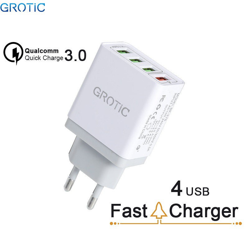 GROTIC Kepala Charger Quick Charge QC3.0 4USB Port Mobile Adaptor BK-376 + Kabel Data Charger