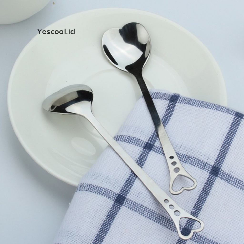 (Yescool) Kaos T-Shirt Lengan Pendek Untuk WanitaSendok Kopi / Teh / Dessert Bentuk Hati Bahan Stainless Steel Warna Silver