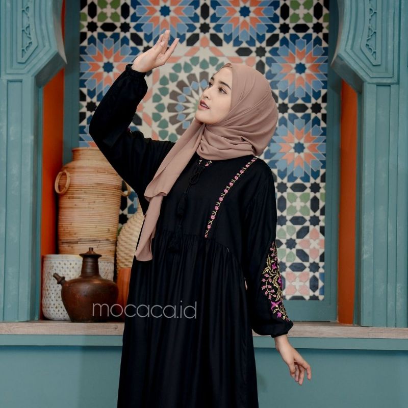 Dress Putih Bordir Premium Cantik Lengan Balon cocok untuk hari raya ramadhan lebaran model etnik dan klasik black hitam