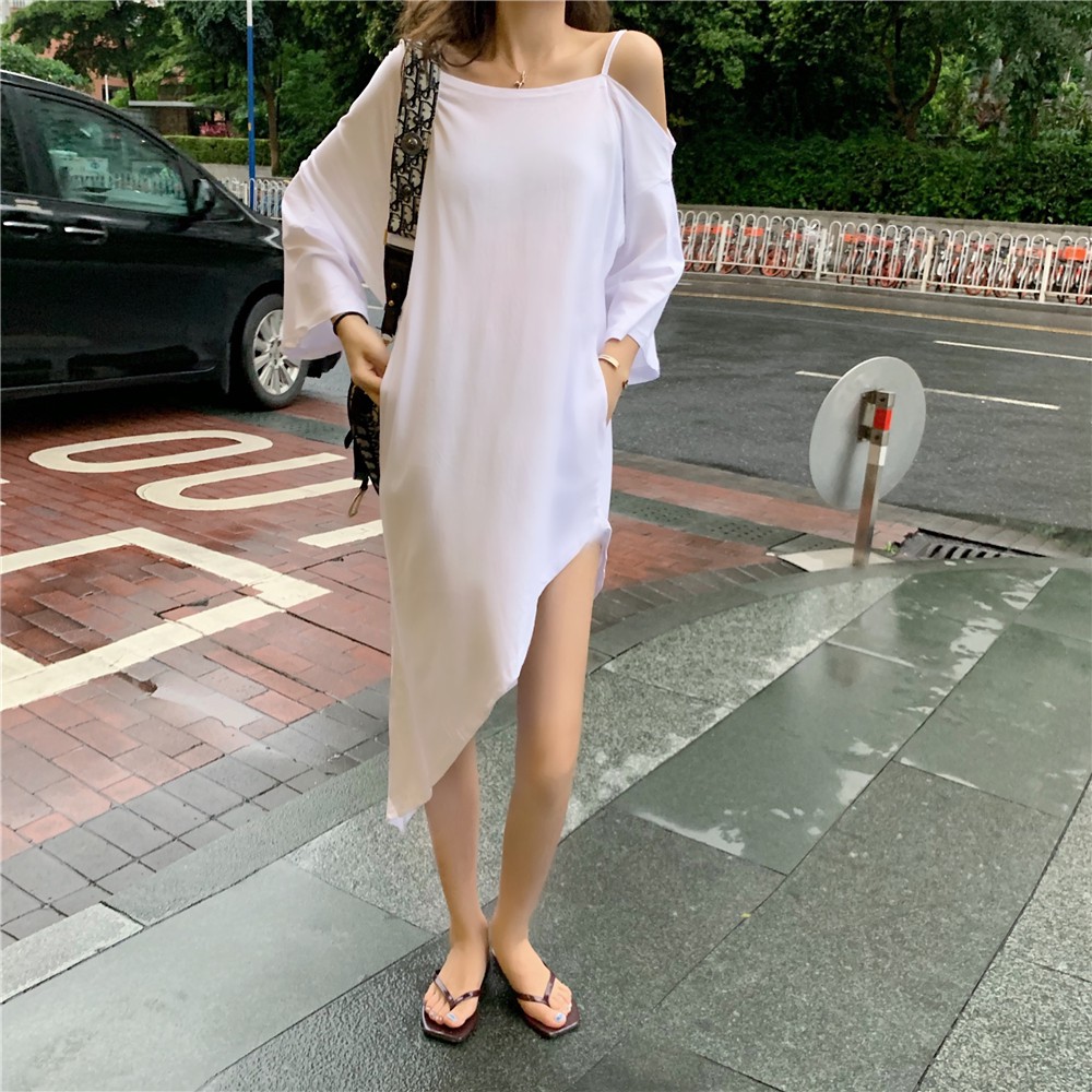 Baru Sexy Off-The-Shoulder Slip Gaun Retro Pinggang Dikendalikan Pelangsing Celah Gaun