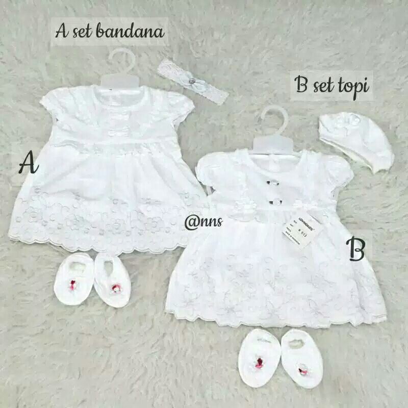 Dress baptis set topi celana 2AL/ Fashion anak bayi perempuan baju dress baptis putih bayi cewek