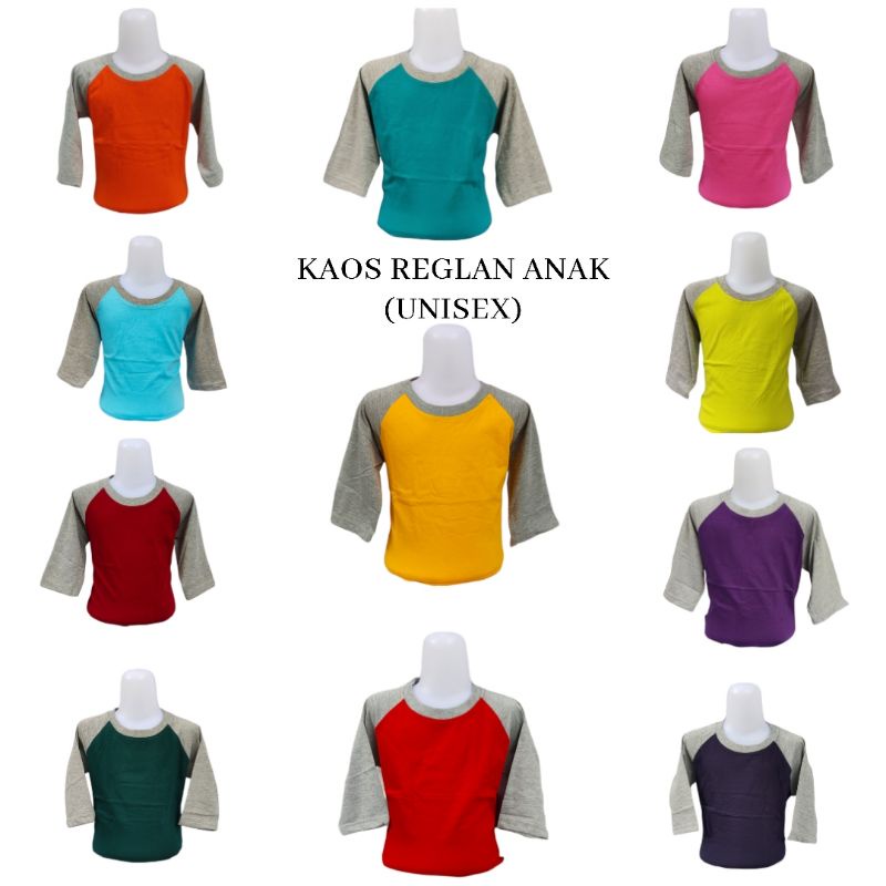 kaos polos reglan anak (unisex) laki / perempuan uk 20 22 S