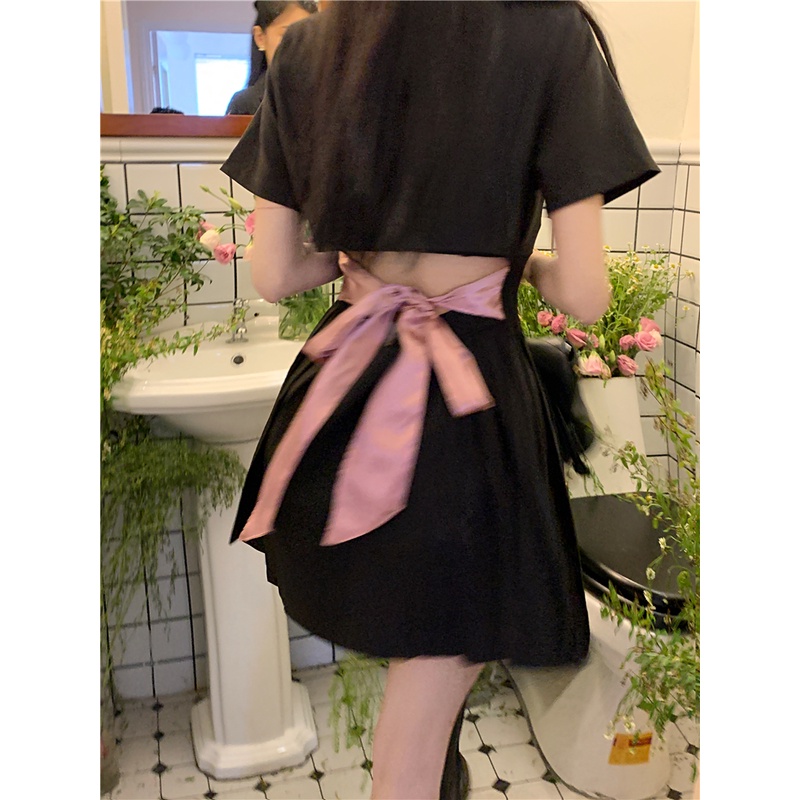 Mini Dress hitam lengan pendek jas gaun wanita musim panas a-line busur pinggang desain ceruk pelang