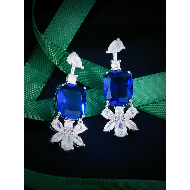 Anting Drop 925 Silvery Bentuk Bunga Warna Biru Bahan Cubic Zirconia Untuk Wanita