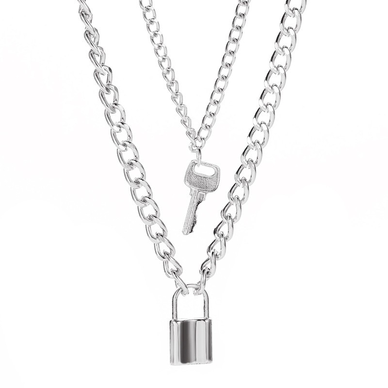 Kalung gembok Penjualan panas gaya punk berlebihan rantai tebal Kalung wanita titanium ganda Kunci pintu Kalung logam necklace hijab