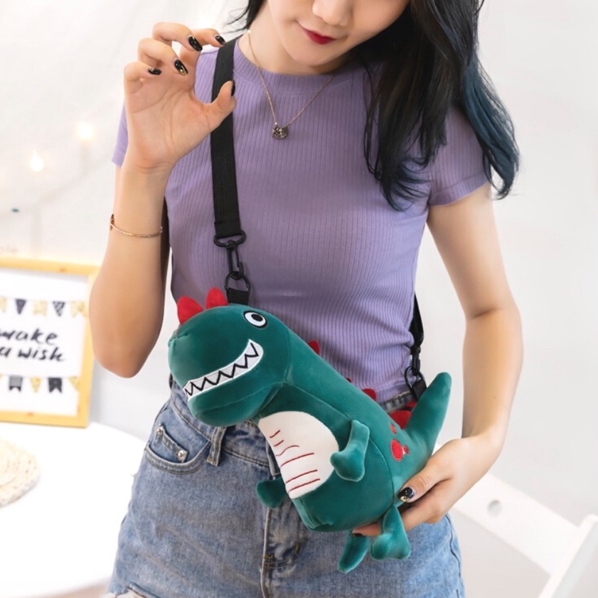 Tas Wanita Model Dinosaurus Cool Green Bahan Plush Sling Bag Import