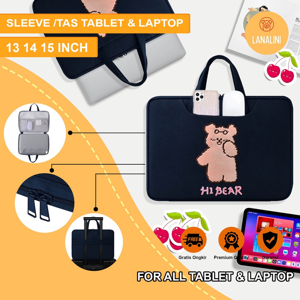 Sleeve Pouch Sarung Tas Jinjing Ipad Tab Tablet Laptop Bag Macbook Air Pro Asus Acer Lenovo HP Huawei Vivobook 11 12 13 14 15 inch Motif Gambar Beruang Bear Warna Biru Navy Blue Lucu Cute Murah Korean Model Tali Banyak Slot Ruang Stationary Lembut