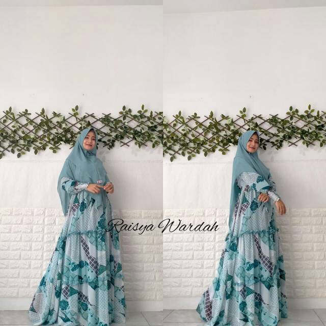 Gamis syari set arraffa ceruty babydoll ultimate motif raisya biru wardah