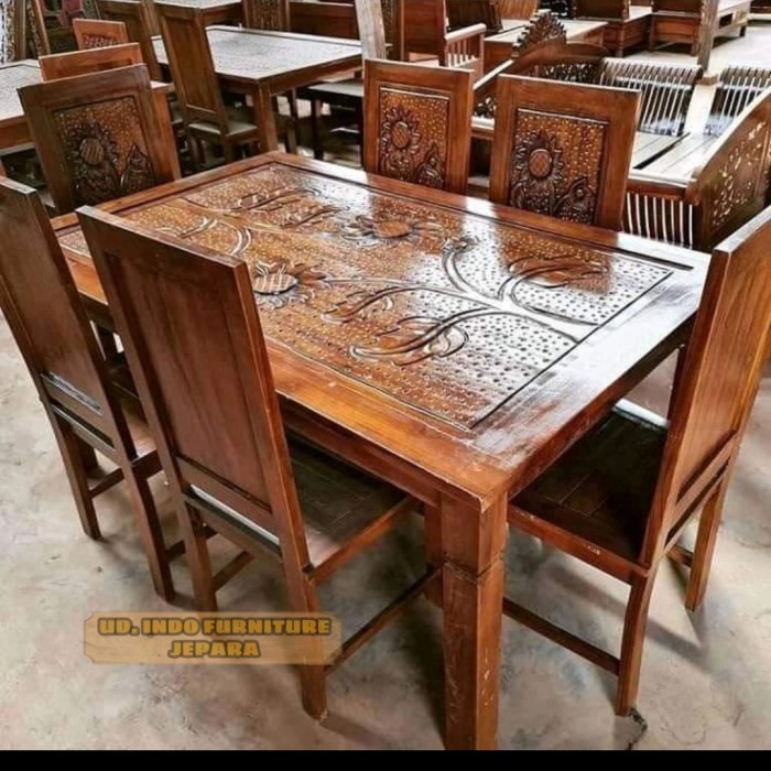 meja makan panjang ukir kursi panjang kayu jati Jepara