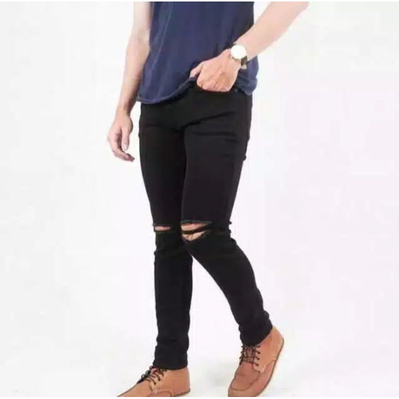 Celana jeans hitam pria jeans sobek lutut pria jeans panjang robek pria skinny street