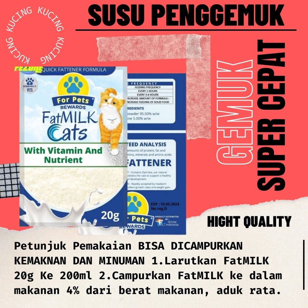 Susu Penggemuk Kucing 20gram Susu Kitten dan Adult Sachet Vitamin Penambah Nafsu Makan Super Cepat Anti Alergi FAT MILK FEZONE