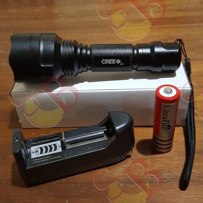Senter Paket Senter Led Police Q5 Swat C8 Sinar Kuning Baterai Ultrafire Red