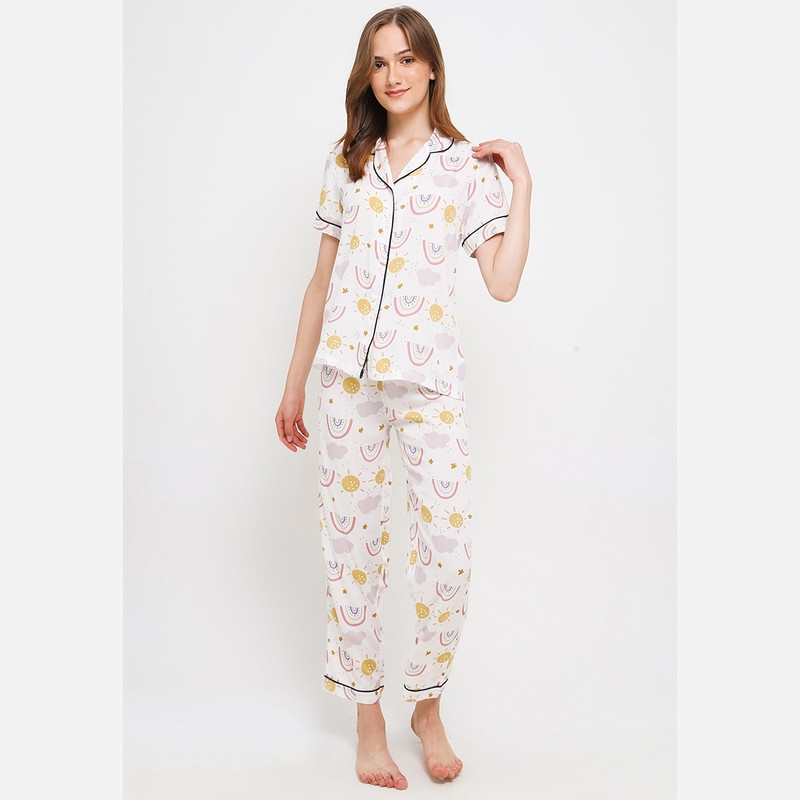 Anne Wintours Pyjama Pijama Satin Silk Short Sleeve Long Pants Sleepwear Wanita