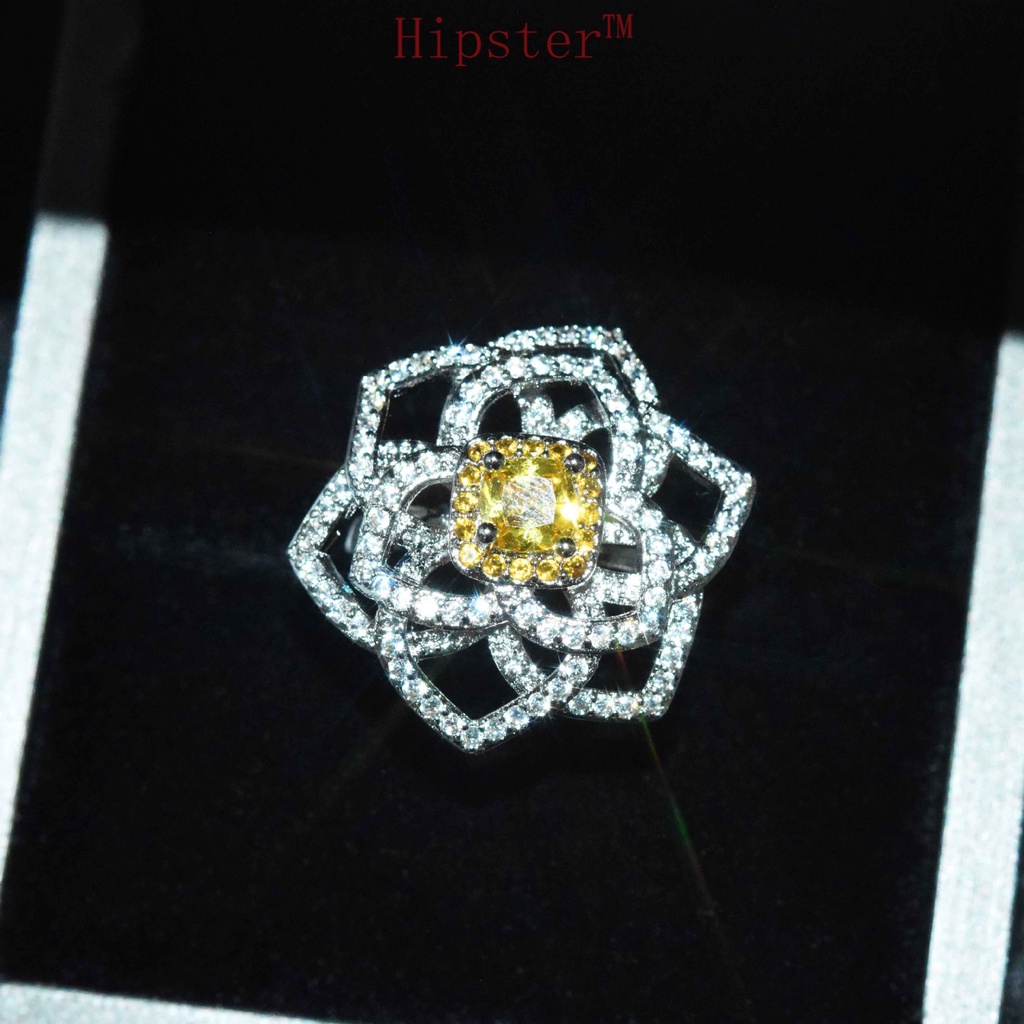 New Fashion Elegant Yellow Diamond Hollow-out Large Flower-Shaped Necklace Micro-Inlaid Flower Ring Set