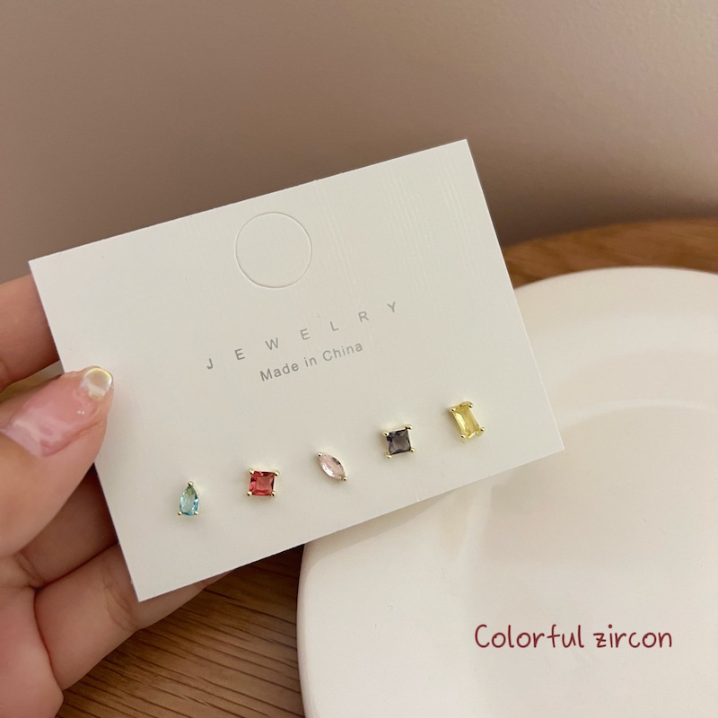 Set Anting Stud Kristal Zircon Geometris Warna-Warni Gaya Korea Untuk Wanita