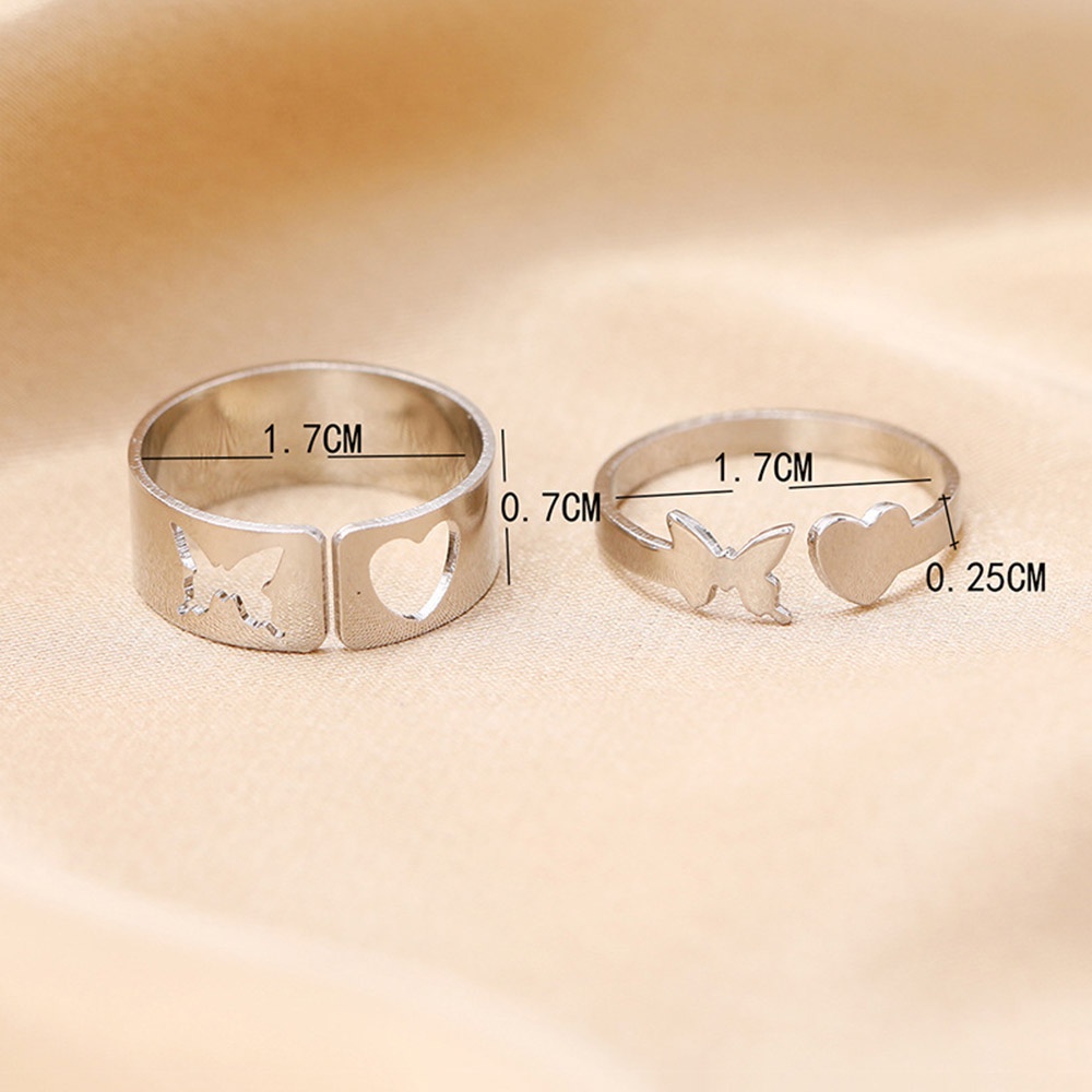 2pcs / Set Cincin Model Terbuka Bahan Metal Desain Kupu-Kupu + Hati Warna Gold / Silver Adjustable Untuk Wanita