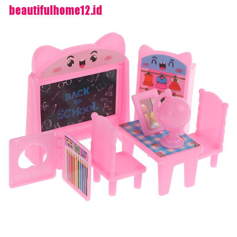 【beautifulhome12.id】8Pcs/Set Dollhouse Study Desk Set Blackboard Table Chair Doll Furniture Model