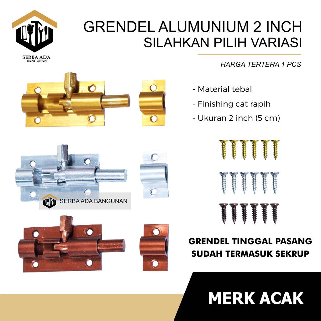 Grendel Aluminium (MERK : TOP ORIGINAL 100%) Slot Pintu Jendela 2 Inch / 6 cm I Selot Alumunium Tebal Skrup Baut