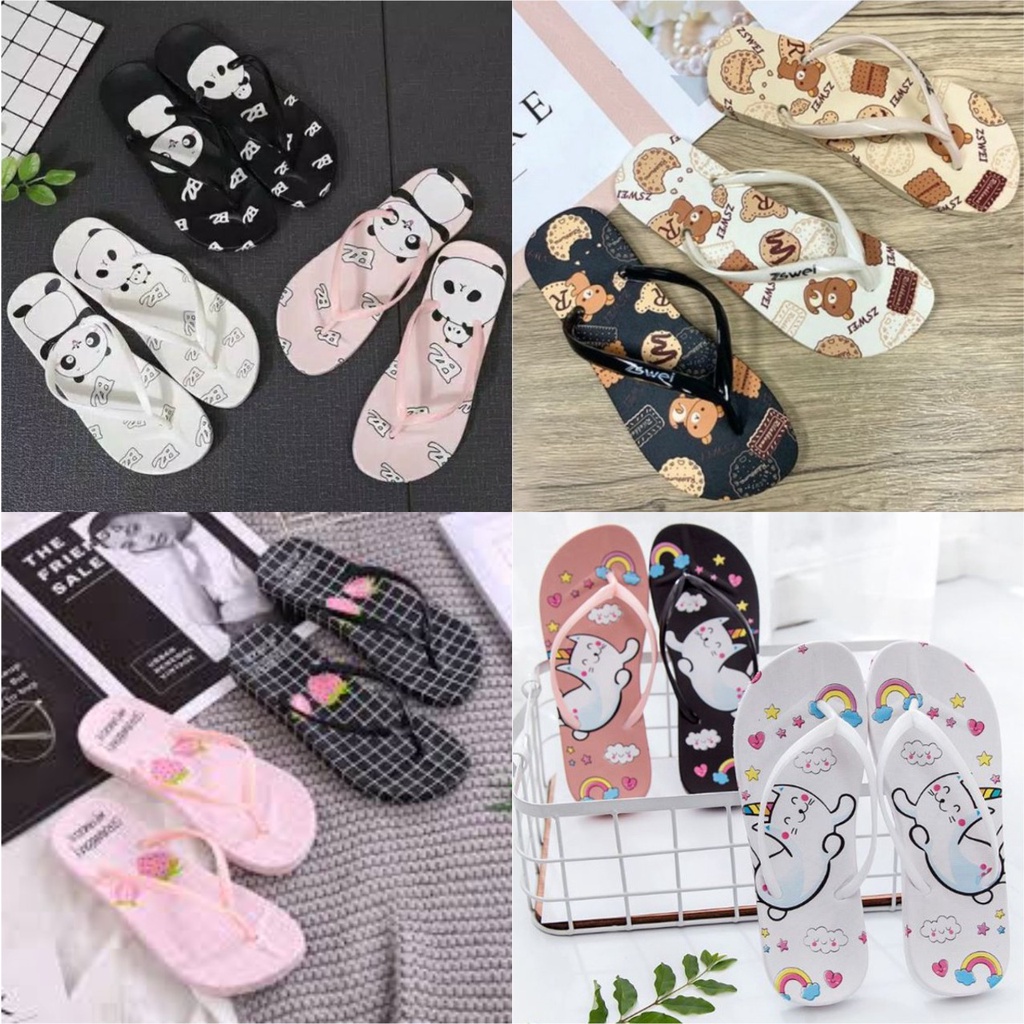 Sandal Jepit Sendal Spon Motif Lucu Kucing Pelangi Strawberry Anti Slip Murah