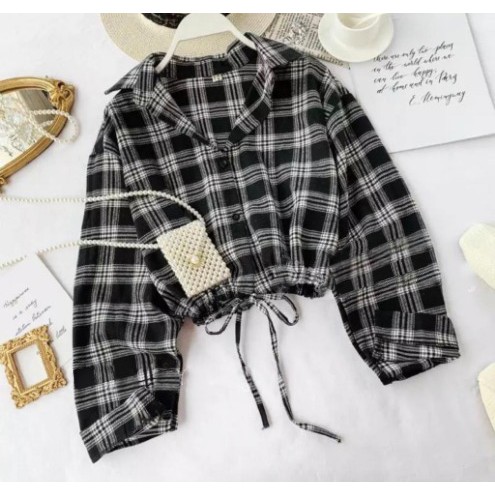 Kem Kerlita Plaid / FASHION WANITA / KOREAN FASHION / BAJU WANITA MURAH / KEMEJA CROP KOTAK / KEMEJA