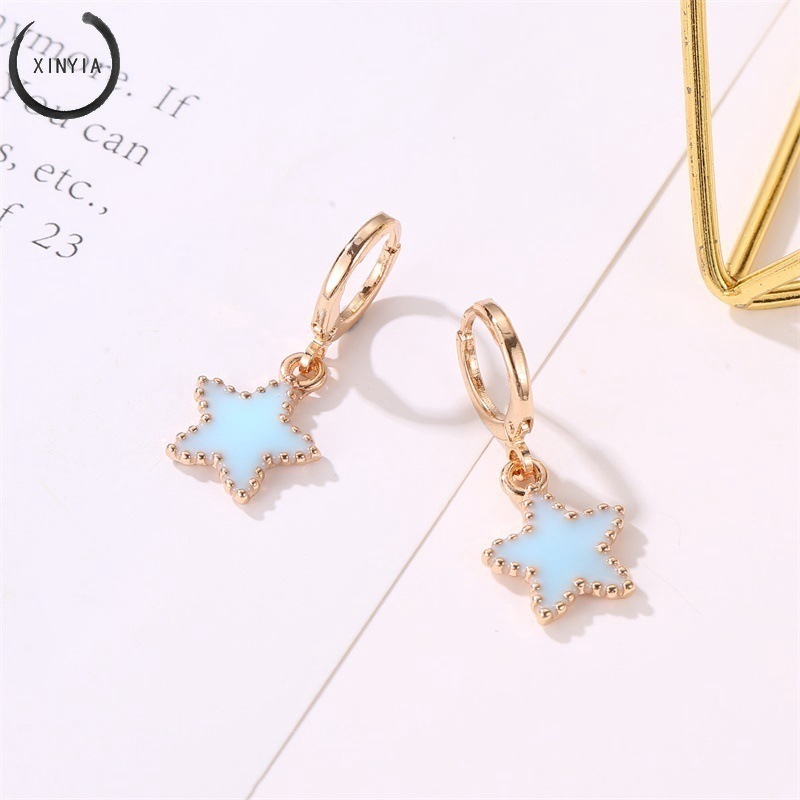 Korea Biru Anting-anting Pentagram Manis Temperamen Geometri Biru