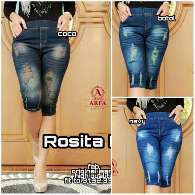 Celana jeans pendek wanita jeans sobek 7/8 legging pinggang karet kolor rip