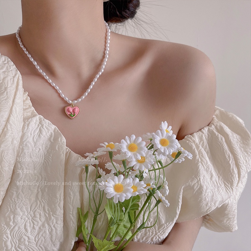 Kalung Choker Rantai Manik-Manik Mutiara Liontin Hati Tulip Pink Untuk Aksesoris Perhiasan Wanita