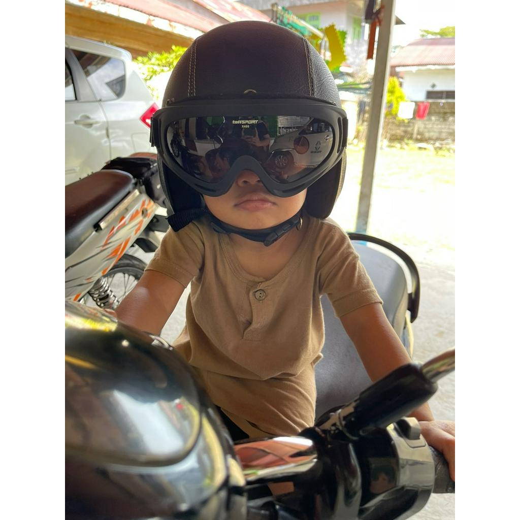 Helm Bogo Retro Anak Pororo Free Kacamata Usia 2 3 4 5 6 Tahun Laki Perempuan Hitam Coklat Polos