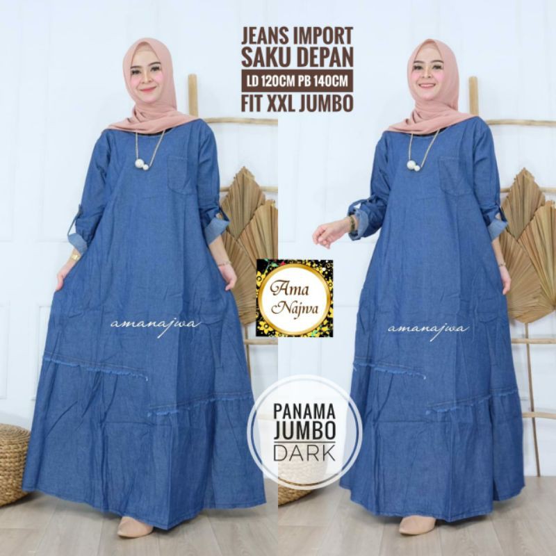 Baju Dress Jeans Gamis Jumbo Wanita Termurah LD 120• Maxi Dress Jeans Kekinian Original Jeans Import