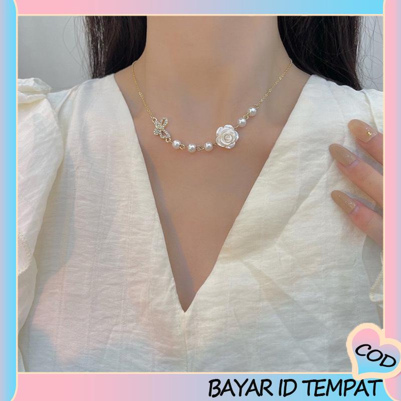 COD❤️ Desain Niche Indah Mutiara Busur Mawar Kalung Gadis Temperamen-A.one