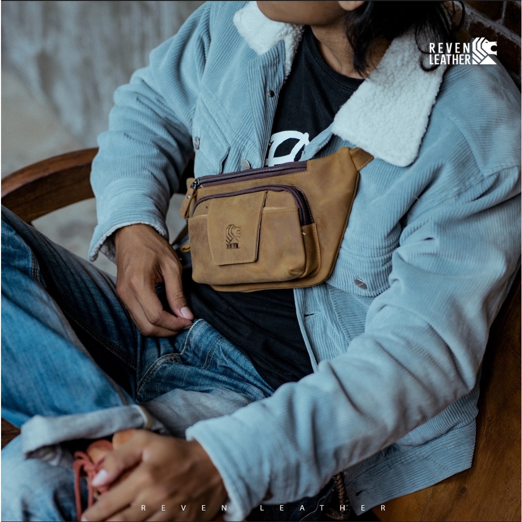 [COD] REVEN LEATHER - Tas Selempang Bahu Sling Bag Pinggang Waistbag Fashion Pria Cowok 100% Kulit Sapi Asli Original Branded