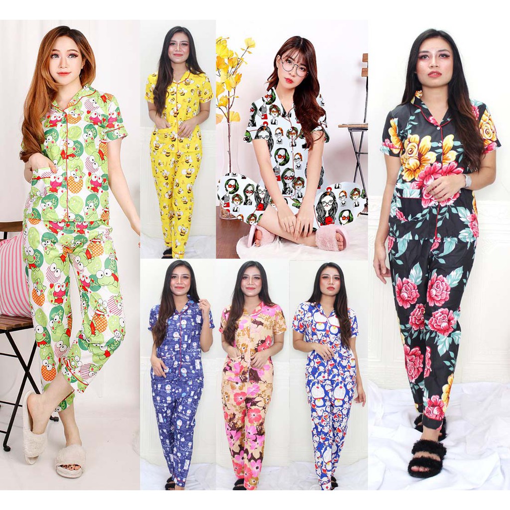 OKHISHOP - CP1 Piyama Pajamas CP Baju Tidur Piyama Wanita Dewasa Setelan CP Motif Trendy Karakter Kotak Guilen-1