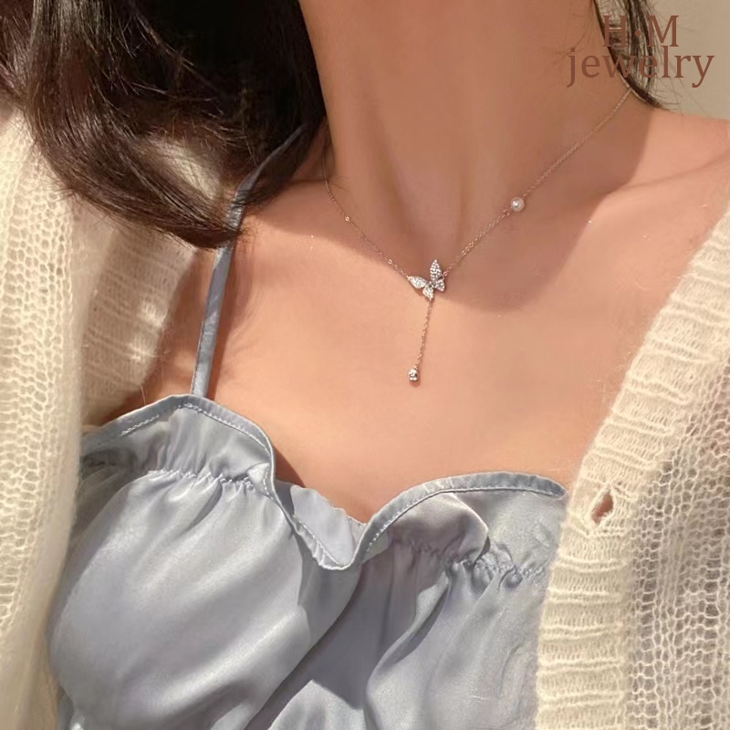 Kalung Rantai Clavicle Silver S925 Model Rumbai Kupu-Kupu Hias Berlian Mutiara