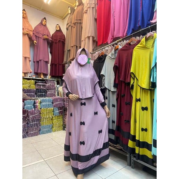 Set Gamis syari premium pesta khimar ceruty ceruti lilac lilak jumbo obral murah pengajian jersey